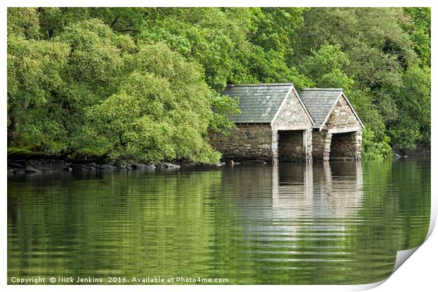 Llyn Dinas Boathouses Nant Gwynant Snowdonia Wales Print by Nick Jenkins