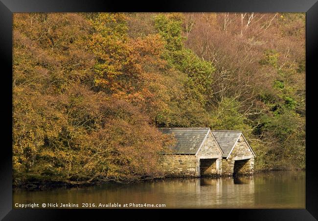 Llyn Dinas Boathouses Autumn Snowdonia Framed Print by Nick Jenkins
