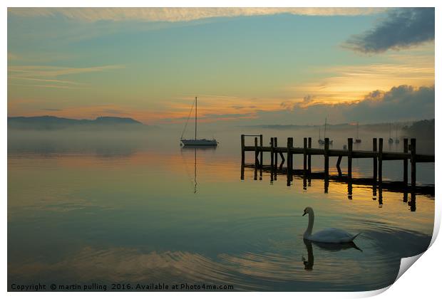 lonely swan on windermere Print by martin pulling