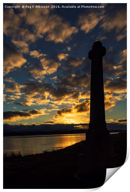 Lindisfarne Memorial Cross At Sunset Print by Reg K Atkinson