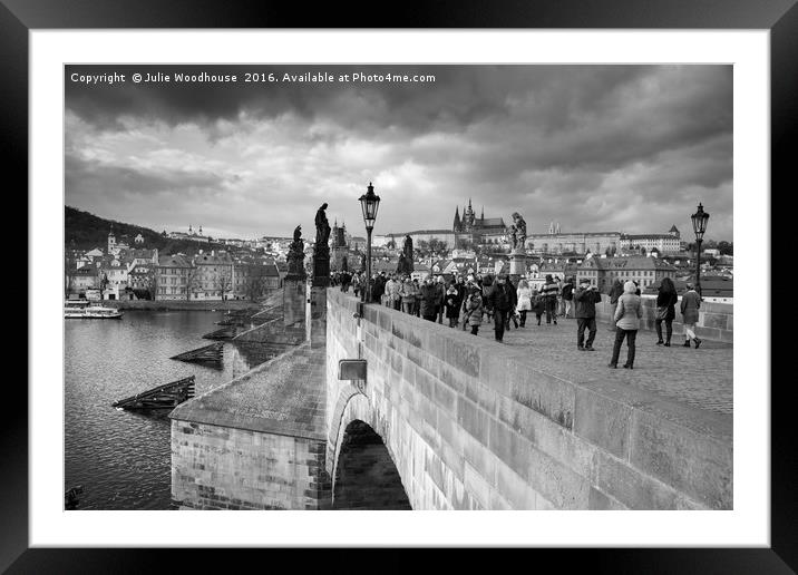 on the Charles Bridge under a stormy sky in Prague Framed Mounted Print by Julie Woodhouse