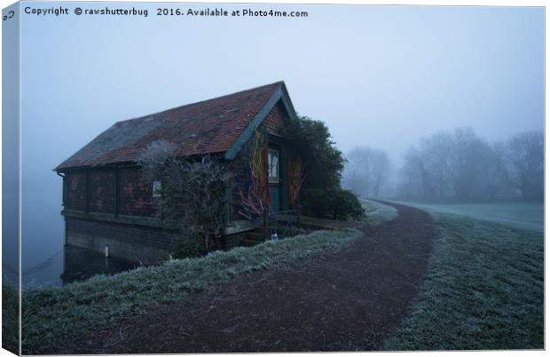 Boathouse On A Foggy Morning Canvas Print by rawshutterbug 