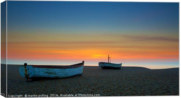 Early morning fishing boats on an Aldeburgh sunris Canvas Print by martin pulling