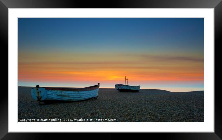 Early morning fishing boats on an Aldeburgh sunris Framed Mounted Print by martin pulling