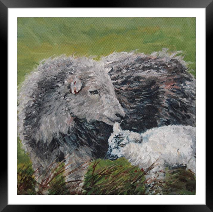 Herdwick Sheep and lamb Oil Painting Framed Mounted Print by Linda Lyon
