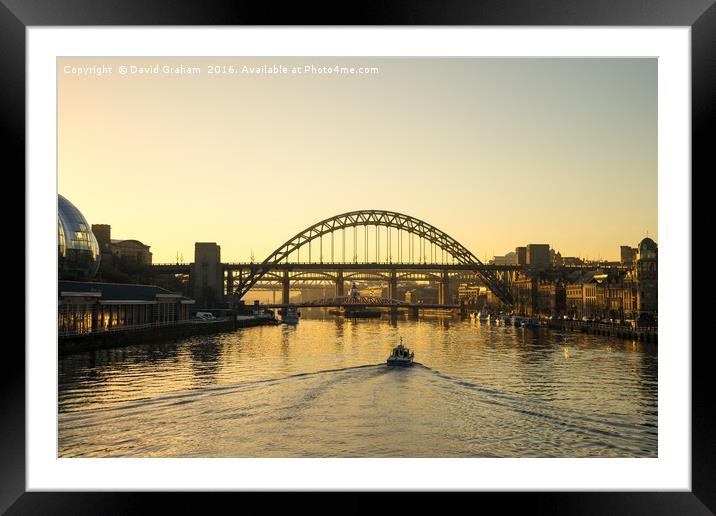Tyne Bridge at sunset - Boat on water Framed Mounted Print by David Graham