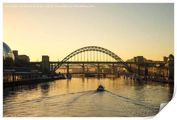 Tyne Bridge at sunset - Boat on water Print by David Graham