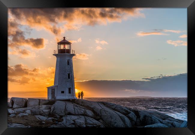 Peggys Point lighthouse sunset Framed Print by Roxane Bay