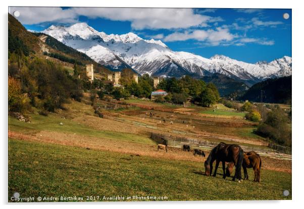 Horses against Svan towers in Mestia, Svaneti, Geo Acrylic by Andrei Bortnikau