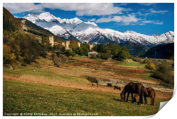Horses against Svan towers in Mestia, Svaneti, Geo Print by Andrei Bortnikau