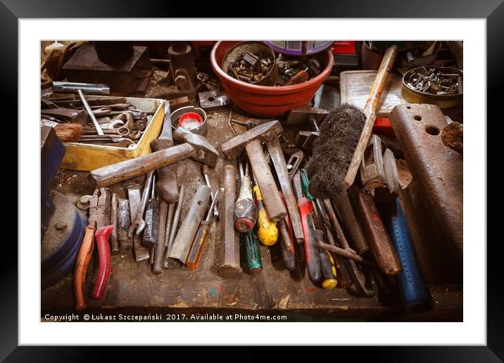 Toolbox in old garage - retro style with vignette Framed Mounted Print by Łukasz Szczepański