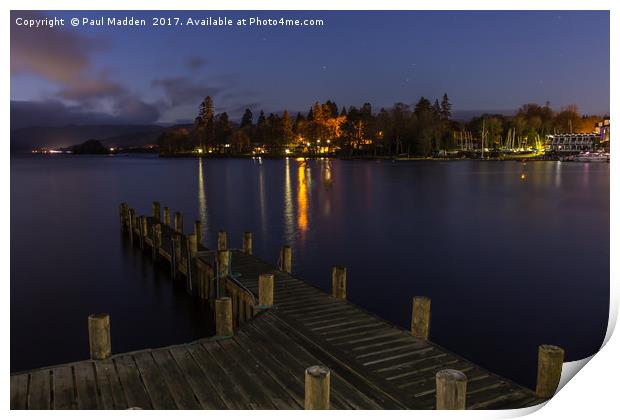 Windermere at night Print by Paul Madden