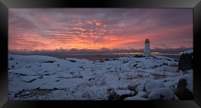 Peggys point lighthouse winter sunset Framed Print by Roxane Bay