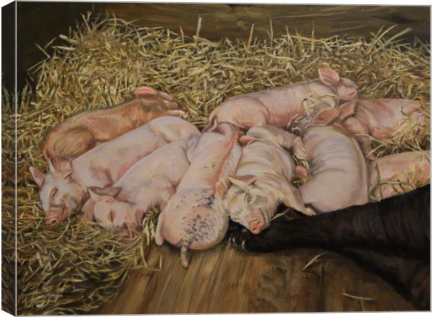 Piglets Oil Painting print Canvas Print by Linda Lyon