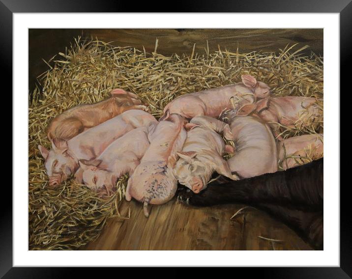 Piglets Oil Painting print Framed Mounted Print by Linda Lyon