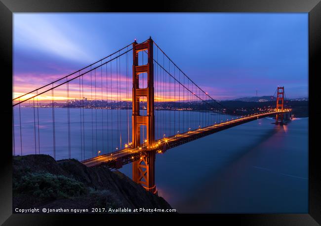 Dawn Over Golden Gate Framed Print by jonathan nguyen