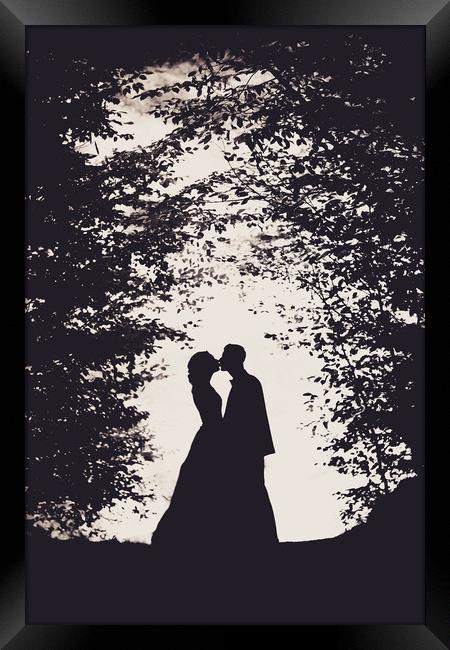 Romantic bride and groom kissing Framed Print by Damian K