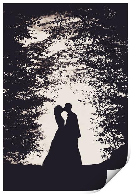 Romantic bride and groom kissing Print by Damian K