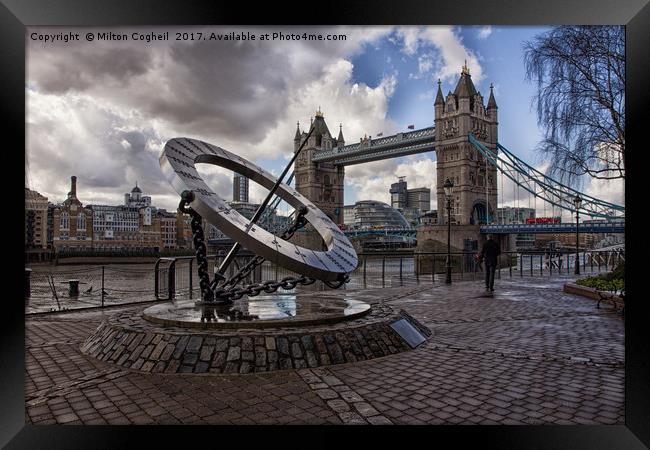 Tower Bridge and the Timepiece Sundial Framed Print by Milton Cogheil