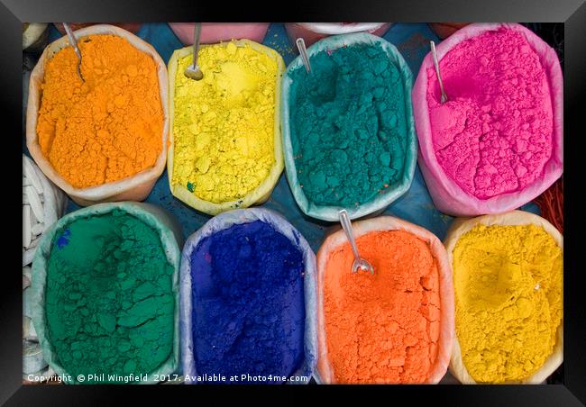 Coloured powders in an Indian Market Framed Print by Phil Wingfield