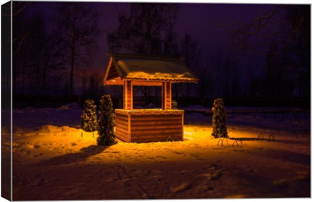 Draw-well in night village. Canvas Print by Sergey Fedoskin