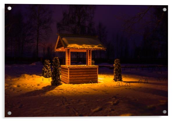 Draw-well in night village. Acrylic by Sergey Fedoskin