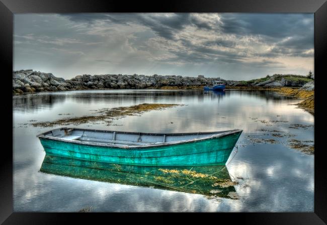 Green Boat Blue Rocks Framed Print by Roxane Bay