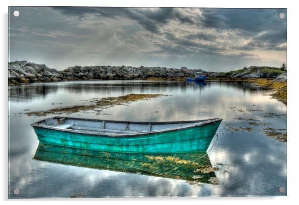 Green Boat Blue Rocks Acrylic by Roxane Bay