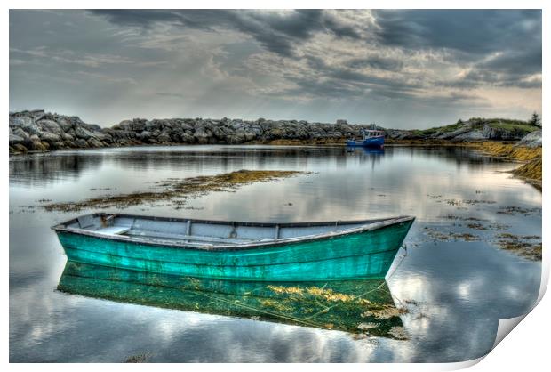 Green Boat Blue Rocks Print by Roxane Bay