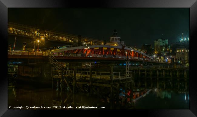 Swing Bridge Piers at night Framed Print by andrew blakey