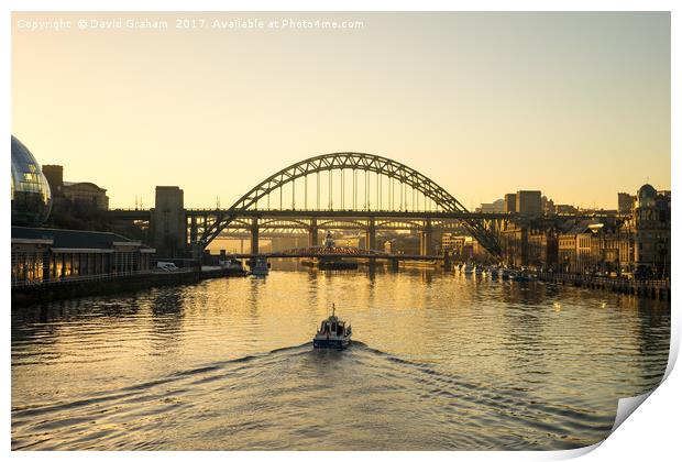 Tyne Bridge at sunset - Boat on water Print by David Graham