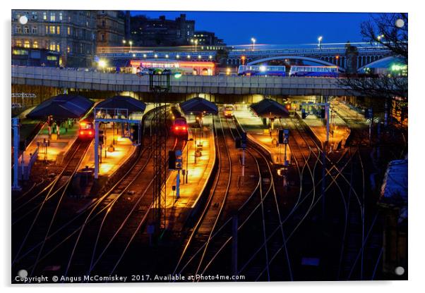 Edinburgh Waverley Station by night Acrylic by Angus McComiskey