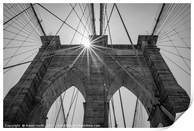 Sun behind Brooklyn Bridge, New York Print by Adam North