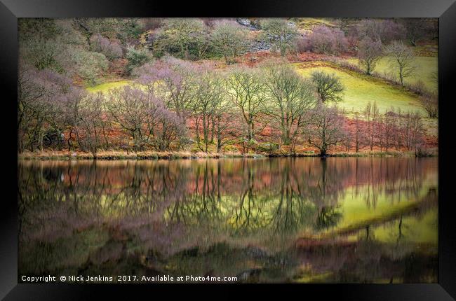 Reflections Caban Coch Reservoir Claerwen Valley Framed Print by Nick Jenkins