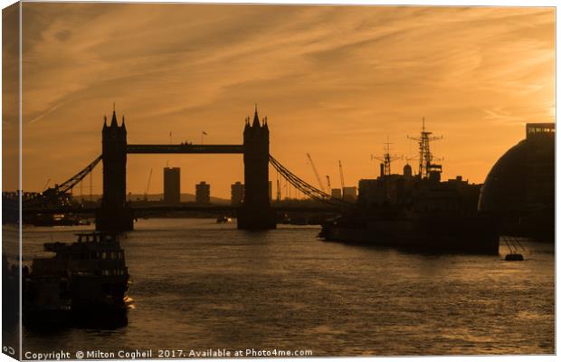 Tower Bridge and the River Thames at Sunrise Canvas Print by Milton Cogheil