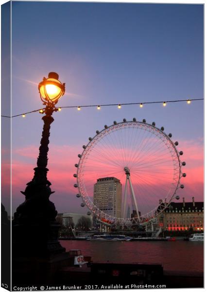 London Eye and Street Lamp at Sunset London  Canvas Print by James Brunker