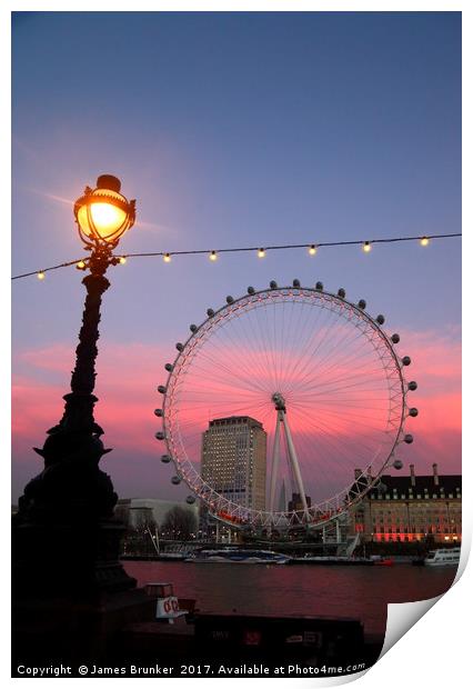 London Eye and Street Lamp at Sunset London  Print by James Brunker