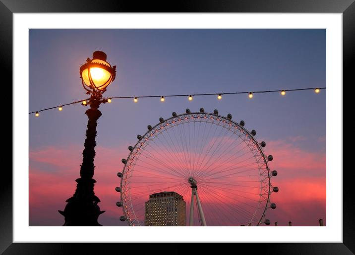 Street Lamp and Millennium Wheel at Sunset Framed Mounted Print by James Brunker