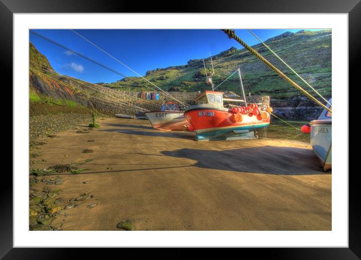 Boscastle Fishing Boats sat on the sand at Low tid Framed Mounted Print by Dave Bell