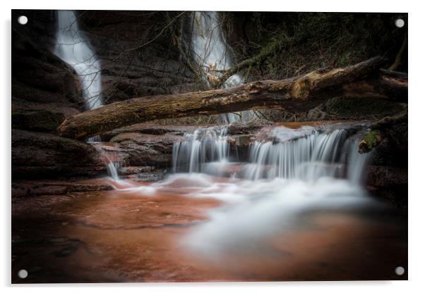 Pwll-y-wrach waterfall near Talgarth. Acrylic by Bryn Morgan