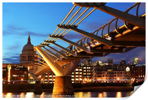 Millenium Bridge and St. Pauls at sunset, London;  Print by Paul Phillips