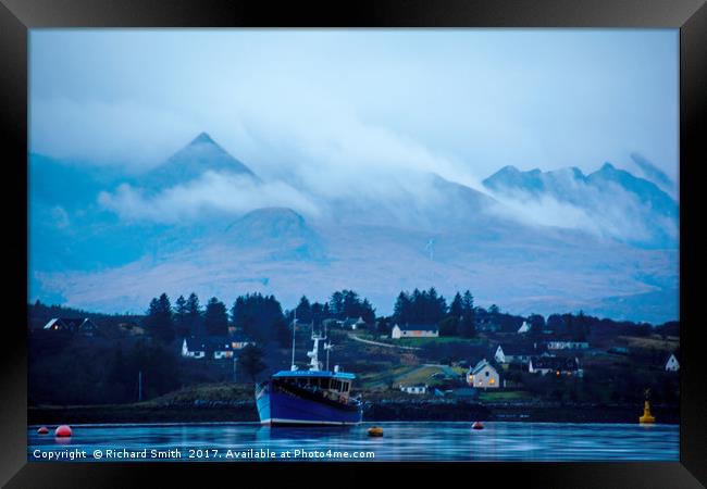 Loch Portree and Heatherfield backed by Cuillin Mo Framed Print by Richard Smith