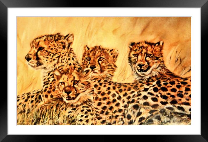 Pastel Painting of Cheetahs Framed Mounted Print by Linda Lyon