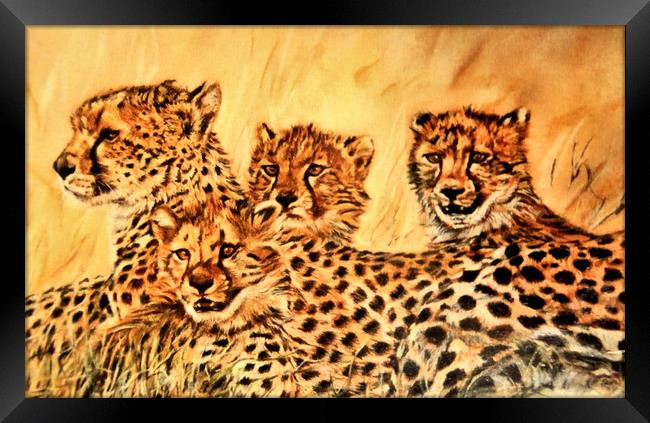 Pastel Painting of Cheetahs Framed Print by Linda Lyon