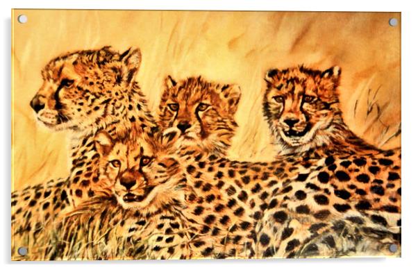 Pastel Painting of Cheetahs Acrylic by Linda Lyon
