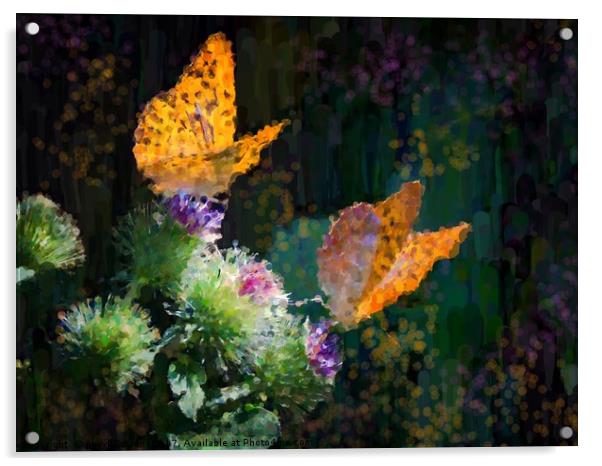Orange Butterflies on Purple Thistles Acrylic by Beryl Curran