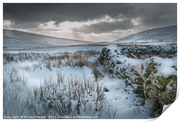 Snow covered stone wall in the Brecon Beacons. Print by Richard Morgan