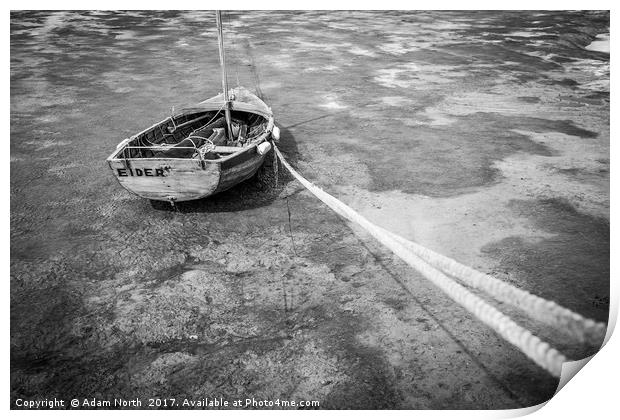 Stranded rowing boat at low tide Print by Adam North