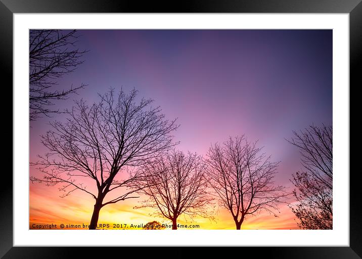 Fiery winter sunset with bare trees Framed Mounted Print by Simon Bratt LRPS