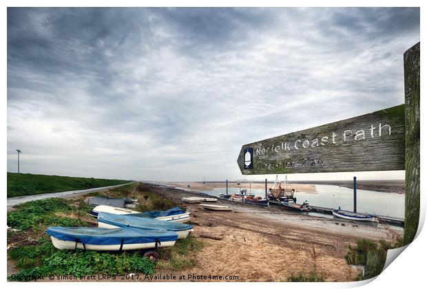 Norfolk coastal path sign and boats Print by Simon Bratt LRPS